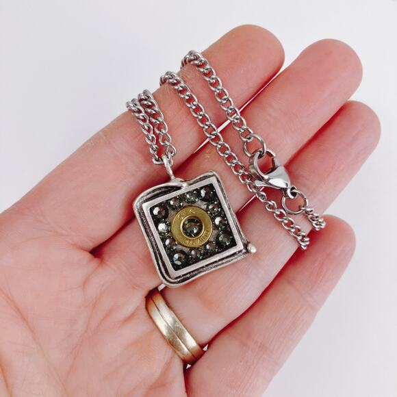 VTG Pendant Necklace Pretty Rhinestone Mixed Metal Statement Jewelry - Picture 2 of 8